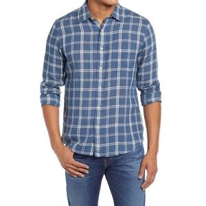 FAHERTY‎ Laguna Linen Nightfall Plaid Blue White Sleeve Button Shirt Men Size L